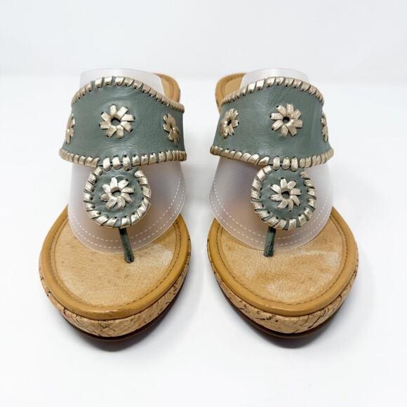 NWOB Jack Rogers Sage Green Leather Cork Wedge Sandals Women's 10 Thong Style - Picture 2 of 10